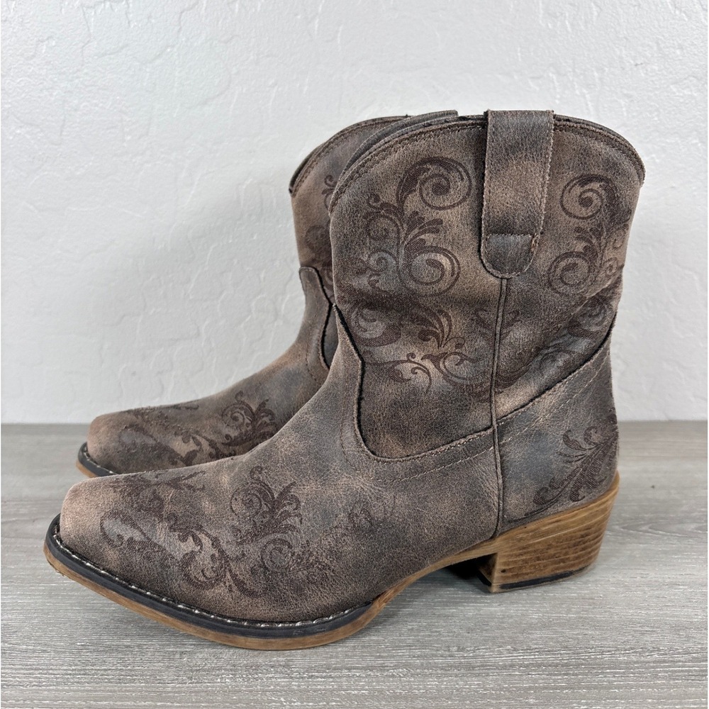 Roper Womens Short Stuff Brown Floral Distressed Ankle Cowboy Boots Booties Sz 7